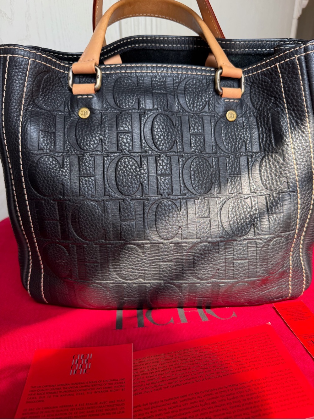 Carolina Herrera Black Embossed Leather CH Monogram Tote Bag